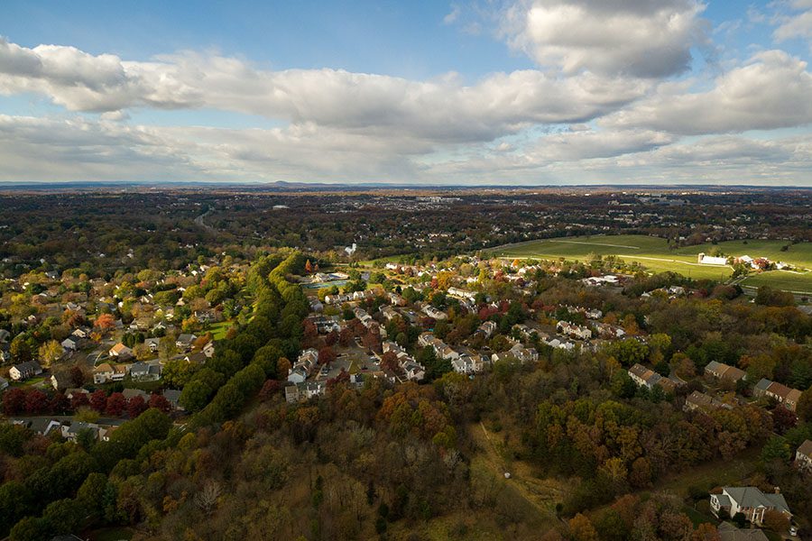 Maryland - Aerial View Of Bethesda Maryland With Blue Sky And Clouds